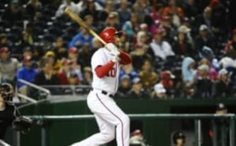 Sep 30, 2016; Washington, DC, USA; Washington Nationals second baseman Stephen Drew (10) hits a solo homer against the Miami Marlins during the fourth inning at Nationals Park. Mandatory Credit: Brad Mills-USA TODAY Sports