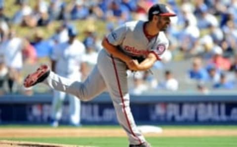 Oct 10, 2016; Los Angeles, CA, USA; Washington Nationals starting pitcher Gio Gonzalez (47) pitches during the first inning against the Los Angeles Dodgers in game three of the 2016 NLDS playoff baseball series at Dodger Stadium. Mandatory Credit: Gary A. Vasquez-USA TODAY Sports