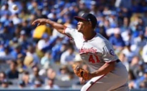 Oct 11, 2016; Los Angeles, CA, USA; Washington Nationals starting pitcher Joe Ross (41) delivers a pitch in the second inning against the Los Angeles Dodgers during game four of the 2016 NLDS playoff baseball series at Dodger Stadium. Mandatory Credit: Jayne Kamin-Oncea-USA TODAY Sports