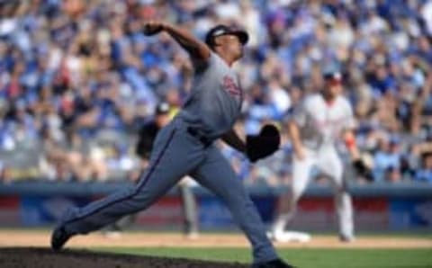 Oct 11, 2016; Los Angeles, CA, USA; Washington Nationals starting pitcher Reynaldo Lopez (49) delivers a pitch in the fifth inning against the Los Angeles Dodgers during game four of the 2016 NLDS playoff baseball series at Dodger Stadium. Mandatory Credit: Gary A. Vasquez-USA TODAY Sports