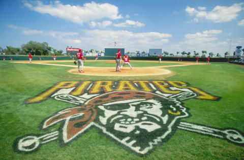 18 Mar 1999: A general view of the of the Pittsburgh Pirates logo painted on the field during the Spring Training game against the Philadelphia Phillies at the McKechnie Field in Bradenton, Florida. The Pirates defeated the Phillies 7-6.