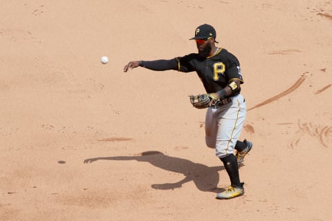 MINNEAPOLIS, MN – AUGUST 15: Josh Harrison #5 of the Pittsburgh Pirates makes a play at second base against the Minnesota Twins during the interleague game on August 15, 2018 at Target Field in Minneapolis, Minnesota. The Twins defeated the Pirates 6-4. (Photo by Hannah Foslien/Getty Images)