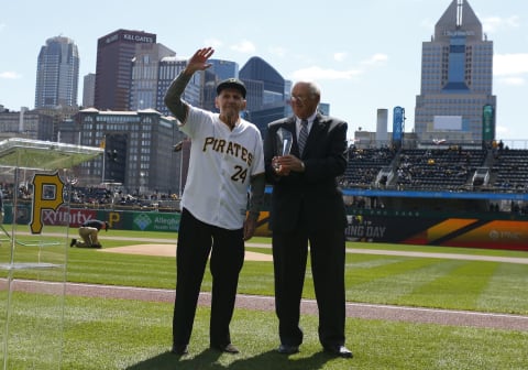 PITTSBURGH, PA – APRIL 01: Dick Groat is seen with Steve Blass before the game against the St. Louis Cardinals on Opening Day at PNC Park on April 1, 2019 in Pittsburgh, Pennsylvania. (Photo by Justin K. Aller/Getty Images)