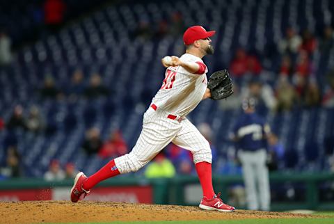 PHILADELPHIA, PA – MAY 13: Pat Neshek #93 of the Philadelphia Phillies throws a pitch during a game against the Milwaukee Brewers at Citizens Bank Park on May 13, 2019 in Philadelphia, Pennsylvania. The Phillies won 7-4. (Photo by Hunter Martin/Getty Images)