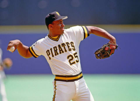 PITTSBURGH, PA – 1988: Third baseman Bobby Bonilla #25 of the Pittsburgh Pirates throws the baseball during a Major League Baseball game at Three Rivers Stadium in 1988 in Pittsburgh, Pennsylvania. (Photo by George Gojkovich/Getty Images)