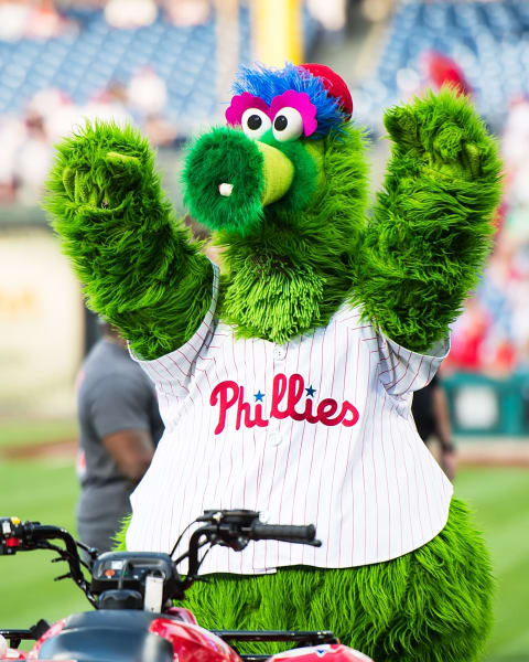 PHILADELPHIA, PA – AUGUST 27: The Phillie Phanatic is seen during the ceremonial first pitch at the Pittsburgh Pirates vs Philadelphia Phillies game at Citizens Bank Park on August 27, 2019 in Philadelphia, Pennsylvania. (Photo by Gilbert Carrasquillo/Getty Images)