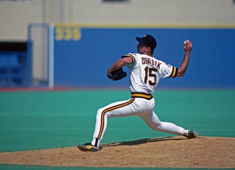 PITTSBURGH, PA – CIRCA 1986: Pitcher Doug Drabek #15 of the Pittsburgh Pirates pitches during a Major League Baseball game at Three Rivers Stadium circa 1986 in Pittsburgh, Pennsylvania. (Photo by George Gojkovich/Getty Images)