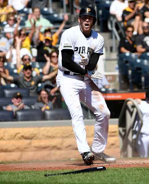 PITTSBURGH, PA – SEPTEMBER 19: Joe Musgrove #59 of the Pittsburgh Pirates reacts after coming around to score on a RBI single by Kevin Newman #27 in the second inning during the game against the Seattle Mariners at PNC Park on September 19, 2019 in Pittsburgh, Pennsylvania. (Photo by Justin Berl/Getty Images)