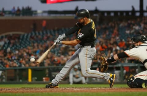 SAN FRANCISCO, CALIFORNIA – SEPTEMBER 10: Kevin Kramer #44 of the Pittsburgh Pirates hits a single in the top of the third inning against the San Francisco Giants at Oracle Park on September 10, 2019 in San Francisco, California. (Photo by Lachlan Cunningham/Getty Images)