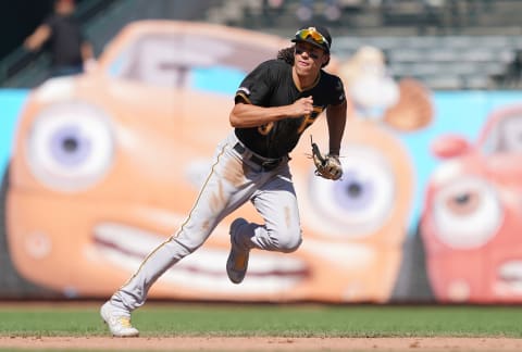 SAN FRANCISCO, CALIFORNIA – SEPTEMBER 12: Cole Tucker #3 of the Pittsburgh Pirates reacts to a ground ball up the middle against the San Francisco Giants in the bottom of the seventh inning at Oracle Park on September 12, 2019 in San Francisco, California. (Photo by Thearon W. Henderson/Getty Images)