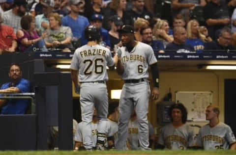 MILWAUKEE, WISCONSIN – SEPTEMBER 20: Adam Frazier #26 of the Pittsburgh Pirates is congratulated by Starling Marte #6 following a solo home run against the Milwaukee Brewers during the seventh inning at Miller Park on September 20, 2019 in Milwaukee, Wisconsin. (Photo by Stacy Revere/Getty Images)