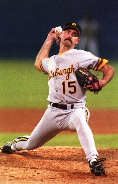 Pittsburgh Pirates starting pitcher Doug Drabek fires a pitch to the Atlanta Braves during game seven of the National League Championship Series 14 October, 1992 in Atlanta, GA. (Photo by JIM GUND / AFP) (Photo by JIM GUND/AFP via Getty Images)