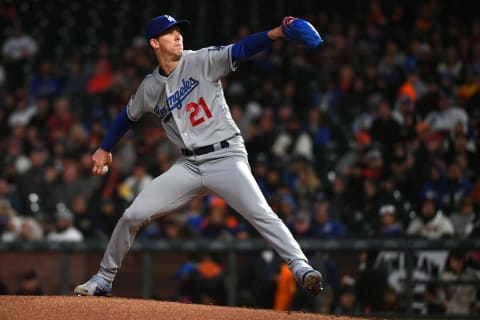 SAN FRANCISCO, CALIFORNIA – SEPTEMBER 27: Walker Buehler #21 of the Los Angeles Dodgers pitches against the San Francisco Giants during their MLB game at Oracle Park on September 27, 2019 in San Francisco, California. (Photo by Robert Reiners/Getty Images)