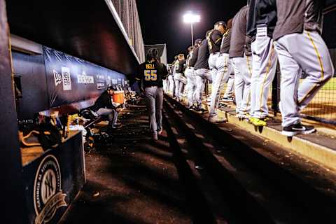 TAMPA, FLORIDA – FEBRUARY 24: Josh Bell #55 of the Pittsburgh Pirates in the dugout during the spring training game against the New York Yankees at Steinbrenner Field on February 24, 2020 in Tampa, Florida. (Photo by Mark Brown/Getty Images)