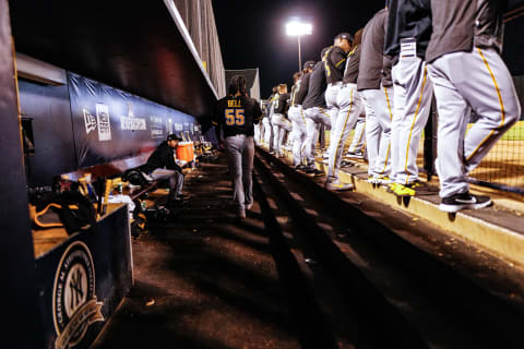 TAMPA, FLORIDA – FEBRUARY 24: Josh Bell #55 of the Pittsburgh Pirates in the dugout during the spring training game against the New York Yankees at Steinbrenner Field on February 24, 2020 in Tampa, Florida. (Photo by Mark Brown/Getty Images)