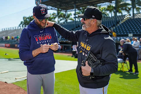 BRADENTON, FL- FEBRUARY 22: Manager Rocco Baldelli #5 of the Minnesota Twins talks with manager Derek Shelton #17 of the Pittsburgh Pirates prior to a spring training game on February 21, 2020 at LECOM Park in Bradenton, Florida. (Photo by Brace Hemmelgarn/Minnesota Twins/Getty Images)