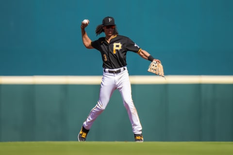 BRADENTON, FL- FEBRUARY 22: Cole Tucker #3 of the Pittsburgh Pirates throws during a game against the Minnesota Twins on February 21, 2020 at LECOM Park in Bradenton, Florida. (Photo by Brace Hemmelgarn/Minnesota Twins/Getty Images)