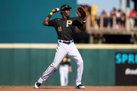 BRADENTON, FL- FEBRUARY 22: Oneil Cruz #61 of the Pittsburgh Pirates throws during a game against the Minnesota Twins on February 21, 2020 at LECOM Park in Bradenton, Florida. (Photo by Brace Hemmelgarn/Minnesota Twins/Getty Images)