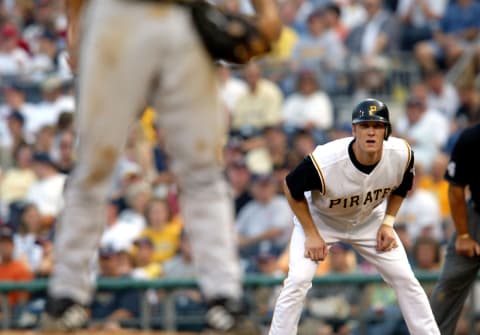 Jason Bay at first base vs. Milwaukee at PNC Park in Pittsburgh, Pennsylvania July 3, 2004 (Photo by Sean Brady/Getty Images)