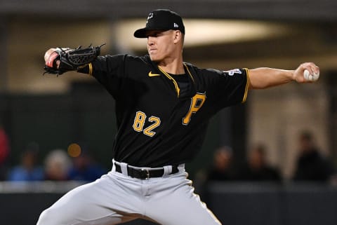 FORT MYERS, FLORIDA – FEBRUARY 29: Blake Weiman #82 of the Pittsburgh Pirates delivers a pitch during the spring training game against the Minnesota Twins at Century Link Sports Complex on February 29, 2020 in Fort Myers, Florida. (Photo by Mark Brown/Getty Images)