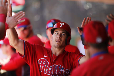 CLEARWATER, FLORIDA – MARCH 07: J.T. Realmuto #10 of the Philadelphia Phillies celebrates with teammates after scoring a run against the Boston Red Sox in the second inning of a Grapefruit League spring training game on March 07, 2020 in Clearwater, Florida. (Photo by Michael Reaves/Getty Images)