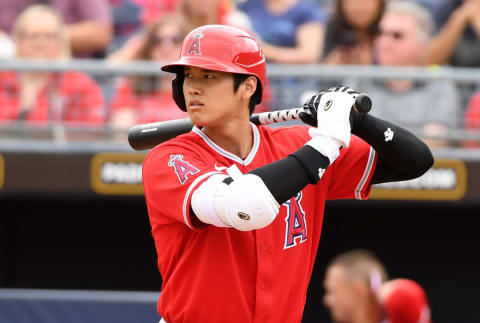 PEORIA, ARIZONA – MARCH 10: Shohei Ohtani #17 of the Los Angeles Angels gets ready in the batters box during a spring training game against the Seattle Mariners at Peoria Stadium on March 10, 2020 in Peoria, Arizona. (Photo by Norm Hall/Getty Images)