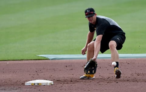 PITTSBURGH, PA – JULY 07: Kevin Newman #27 of the Pittsburgh Pirates takes infield practice during summer workouts at PNC Park on July 7, 2020 in Pittsburgh, Pennsylvania. (Photo by Justin Berl/Getty Images)