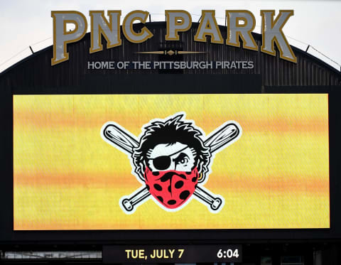 PITTSBURGH, PA – JULY 07: The PNC Park scoreboard is shown with an updated Pittsburgh Pirates logo encouraging the wearing of masks during summer workouts at PNC Park on July 7, 2020 in Pittsburgh, Pennsylvania. (Photo by Justin Berl/Getty Images)