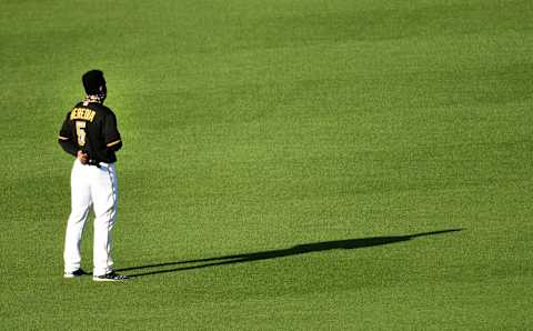 PITTSBURGH, PA – JULY 18: Guillermo Heredia #5 of the Pittsburgh Pirates stands at attention for the National Anthem before the exhibition game against the Cleveland Indians at PNC Park on July 18, 2020 in Pittsburgh, Pennsylvania. (Photo by Justin Berl/Getty Images)