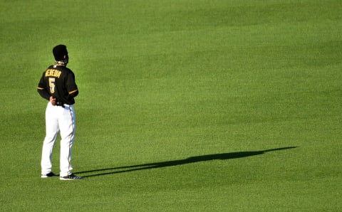 PITTSBURGH, PA – JULY 18: Guillermo Heredia #5 of the Pittsburgh Pirates stands at attention for the National Anthem before the exhibition game against the Cleveland Indians at PNC Park on July 18, 2020 in Pittsburgh, Pennsylvania. (Photo by Justin Berl/Getty Images)