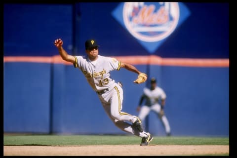 22 Aug 1993: Infielder Carlos Garcia of the Pittsburgh Pirates runs to field a ball during a game against the San Diego Padres at Jack Murphy Stadium in San Diego, California. Mandatory Credit: Stephen Dunn /Allsport