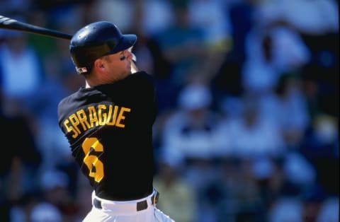 17 Mar 1999: Infielder Ed Sprague #6 of the Pittsburgh Pirates swings during the Spring Training game against the Cincinnati Reds at the Mckechnie Stadium in Bradenton, Florida. The Pirates defeated the Reds 8-6. Mandatory Credit: Harry How /Allsport