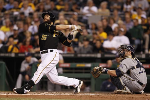 PITTSBURGH, PA – SEPTEMBER 20: Russell Martin #55 of the Pittsburgh Pirates bats against the Milwaukee Brewers during the first inning of their game on September 20, 2014 at PNC Park in Pittsburgh, Pennsylvania. The Brewers defeated the Pirates 1-0. (Photo by David Maxwell/Getty Images)