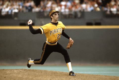 PHILADELPHIA, PA – CIRCA 1980: Kent Tekulve #27 of the Pittsburgh Pirates pitches against the Philadelphia Phillies during a Major League Baseball game circa 1980 at Veterans Stadium in Philadelphia, Pennsylvania. Tekulve played for the Pirates from 1974-85. (Photo by Focus on Sport/Getty Images)