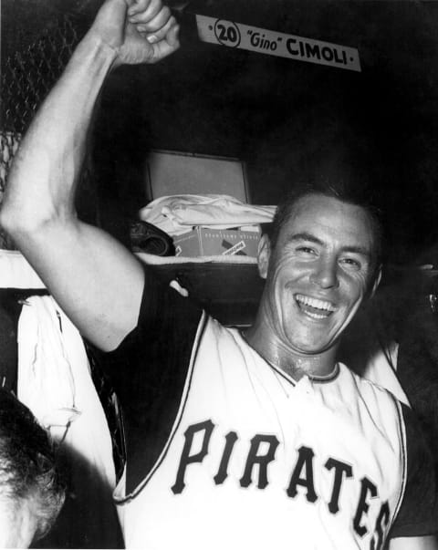 PITTSBURGH – 1960: Bill Mazeroski #9 of the Pittsburgh Pirates celebrates in the locker room after a 1960 World Series game against the New York Yankees at Forbes Field in Pittsburgh, Pennsylvania. (Photo by Morris Berman/MLB Photos via Getty Images)