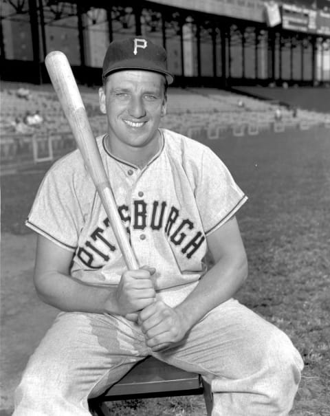 MANHATTAN, NY: Outfielder Ralph Kiner of the Pittsburgh Pirates poses for a portrait prior to a game circa the early 1950’s against the New York Giants at the Polo Grounds in Manhattan, New York. Ralph McPherran Kiner played for the Pirates from 1946-53. (Photo by Kidwiler Collection/Diamond Images/Getty Images)