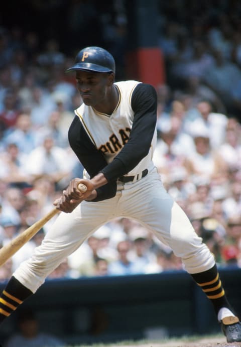 PITTSBURGH – 1966: Roberto Clemente, of the Pittsburgh Pirates, at bat during a game at Forbes Field in Pittsburgh in 1966. (Photo by Kidwiler Collection/Diamond Images/Getty Images)