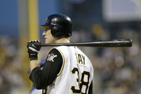 PITTSBURGH – AUGUST 6: Outfielder Jason Bay #38 of the Pittsburgh Pirates waits on deck to bat against the Los Angeles Dodgers at PNC Park on August 6, 2005 in Pittsburgh, Pennsylvania. The Pirates defeated the Dodgers 9-4. (Photo by George Gojkovich/Getty Images)