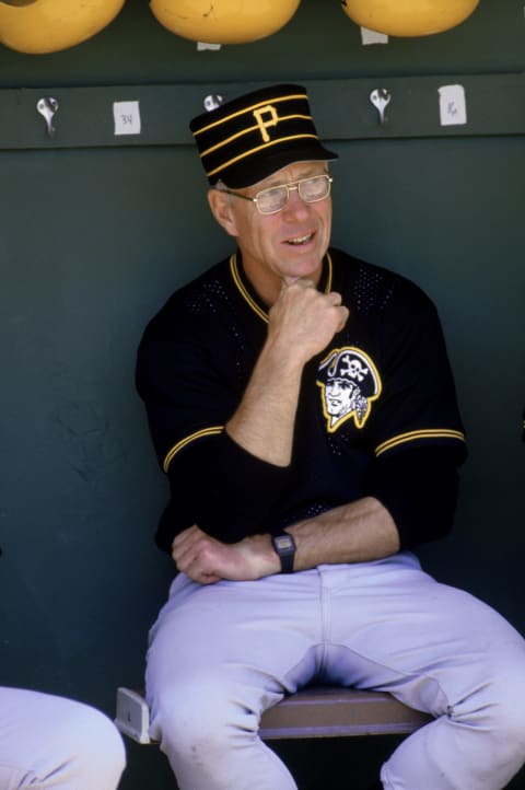 UNDATED: Manager William Virdon of the Pittsburgh Pirates looks on from the dugout. Bill Virdon managed the Pirates from 1972-1973. (Photo by Rick Stewart/Getty Images)