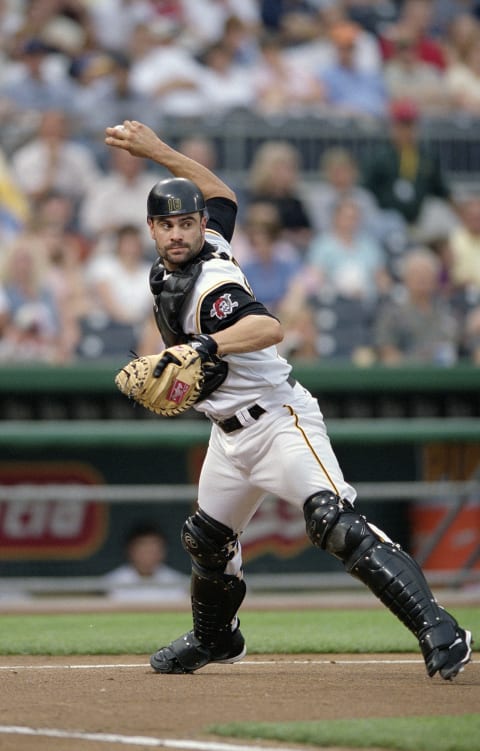 PITTSBURGH, PA – 2003: Catcher Jason Kendall of the Pittsburgh Pirates attempts to throw out a base runner during a Major League Baseball game at PNC Park in 2003 in Pittsburgh, Pennsylvania. (Photo by George Gojkovich/Getty Images)