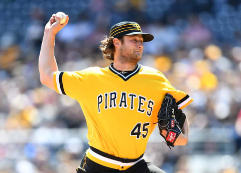 PITTSBURGH, PA – APRIL 09: Gerrit Cole #45 of the Pittsburgh Pirates in action against the Atlanta Braves at PNC Park on April 9, 2017 in Pittsburgh, Pennsylvania. (Photo by Joe Sargent/Getty Images)