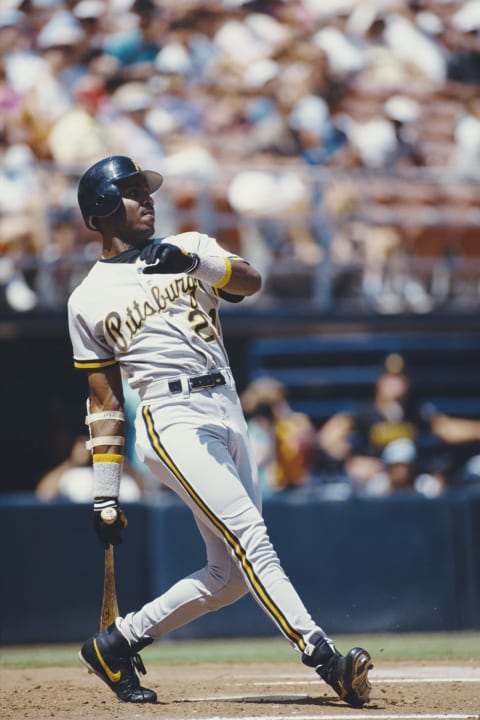 Barry Bonds #24 of the Pittsburgh Pirates leans back and celebrates after hitting his 165th career home run during the Major League Baseball National League West game against the San Diego Padres on 30 August 1992 at the Jack Murphy Stadium, San Diego, California, United States. (Photo by Ken Levine/Allsport/Getty Images)