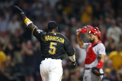 PITTSBURGH, PA – AUGUST 03: Josh Harrison #5 of the Pittsburgh Pirates celebrates while scoring on a RBI single in the eighth inning against the St. Louis Cardinals at PNC Park on August 3, 2018 in Pittsburgh, Pennsylvania. (Photo by Justin K. Aller/Getty Images)