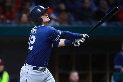 MEXICO CITY, MEXICO – MARCH 23: Blake Hunt of San Diego Padres hits the ball in the 4th inning during a friendly game between San Diego Padres and Diablos Rojos at Alfredo Harp Helu Stadium on March 23, 2019 in Mexico City, Mexico. The game is held as part of the opening celebrations of the Alfredo Harp Helu Stadium, now the newest in Mexico to play baseball. (Photo by Hector Vivas/Getty Images)