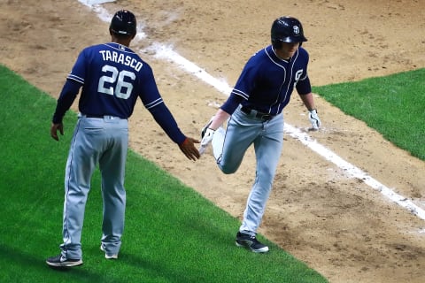 MEXICO CITY, MEXICO – MARCH 23: Jack Suwinski of San Diego Padres scores in the 7th inning during a friendly game between San Diego Padres and Diablos Rojos at Alfredo Harp Helu Stadium on March 23, 2019 in Mexico City, Mexico. The game is held as part of the opening celebrations of the Alfredo Harp Helu Stadium, now the newest in Mexico to play baseball. (Photo by Hector Vivas/Getty Images)