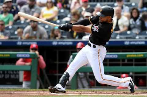 PITTSBURGH, PA – APRIL 06: Jason Martin #51 of the Pittsburgh Pirates singles in the first inning for his first major league hit during the game against the Cincinnati Reds at PNC Park on April 6, 2019 in Pittsburgh, Pennsylvania. (Photo by Justin Berl/Getty Images)