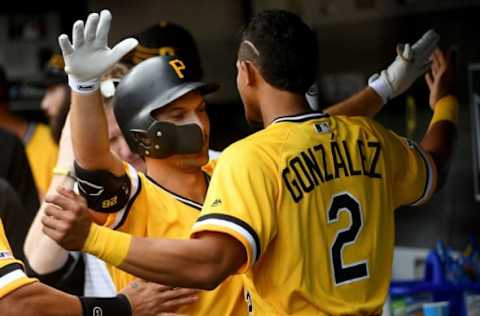 PITTSBURGH, PA – APRIL 07: Adam Frazier #26 of the Pittsburgh Pirates celebrates with Erik Gonzalez #2 after hitting a solo home run in the first inning during the game against the Cincinnati Reds at PNC Park on April 7, 2019 in Pittsburgh, Pennsylvania. (Photo by Justin Berl/Getty Images)