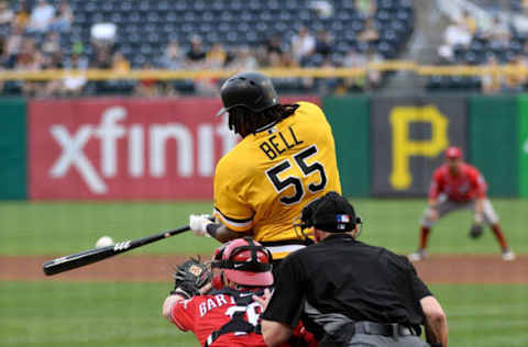 PITTSBURGH, PA – APRIL 07: Josh Bell #55 of the Pittsburgh Pirates hits an RBI double to right field in the fifth inning during the game against the Cincinnati Reds at PNC Park on April 7, 2019 in Pittsburgh, Pennsylvania. (Photo by Justin Berl/Getty Images)