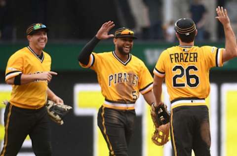 PITTSBURGH, PA – APRIL 07: Jason Martin #51 of the Pittsburgh Pirates celebrates with Adam Frazier #26 after the final out in a 7-5 win over the Cincinnati Reds at PNC Park on April 7, 2019 in Pittsburgh, Pennsylvania. (Photo by Justin Berl/Getty Images)