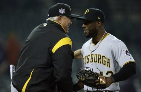 DETROIT, MI – APRIL 16: Manager Clint Hurdle #13 of the Pittsburgh Pirates smiles while congratulating Starling Marte #6 of the Pittsburgh Pirates after a 5-3 win over the Detroit Tigers at Comerica Park on April 16, 2019 in Detroit, Michigan. Marte hit a two-run home run to break a 5-3 tie during the 10th inning. All players are wearing #42 in honor of Jackie Robinson Day. (Photo by Duane Burleson/Getty Images)